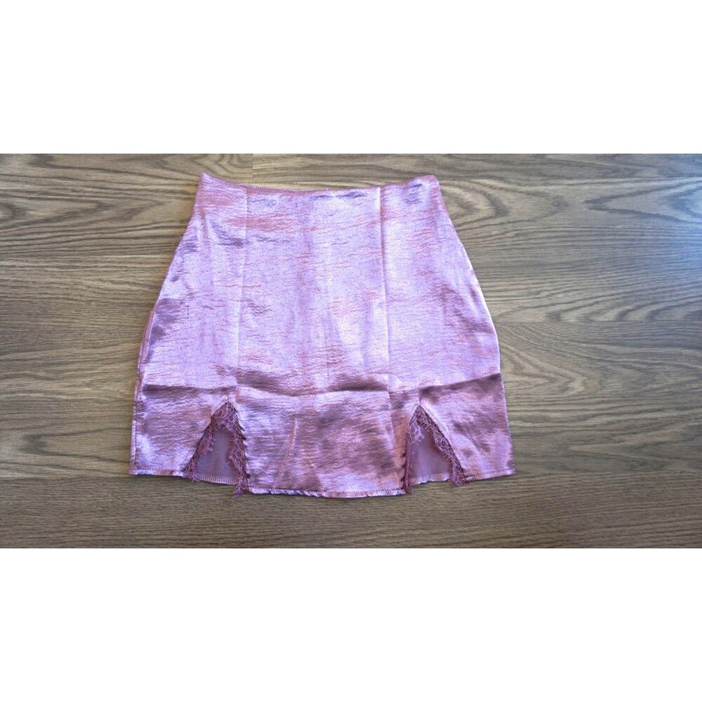 LYANER Satin Lace Trim Split Slit Hem Zipper High Wasit Mini Short Skirt, Size S - Picture 4 of 13